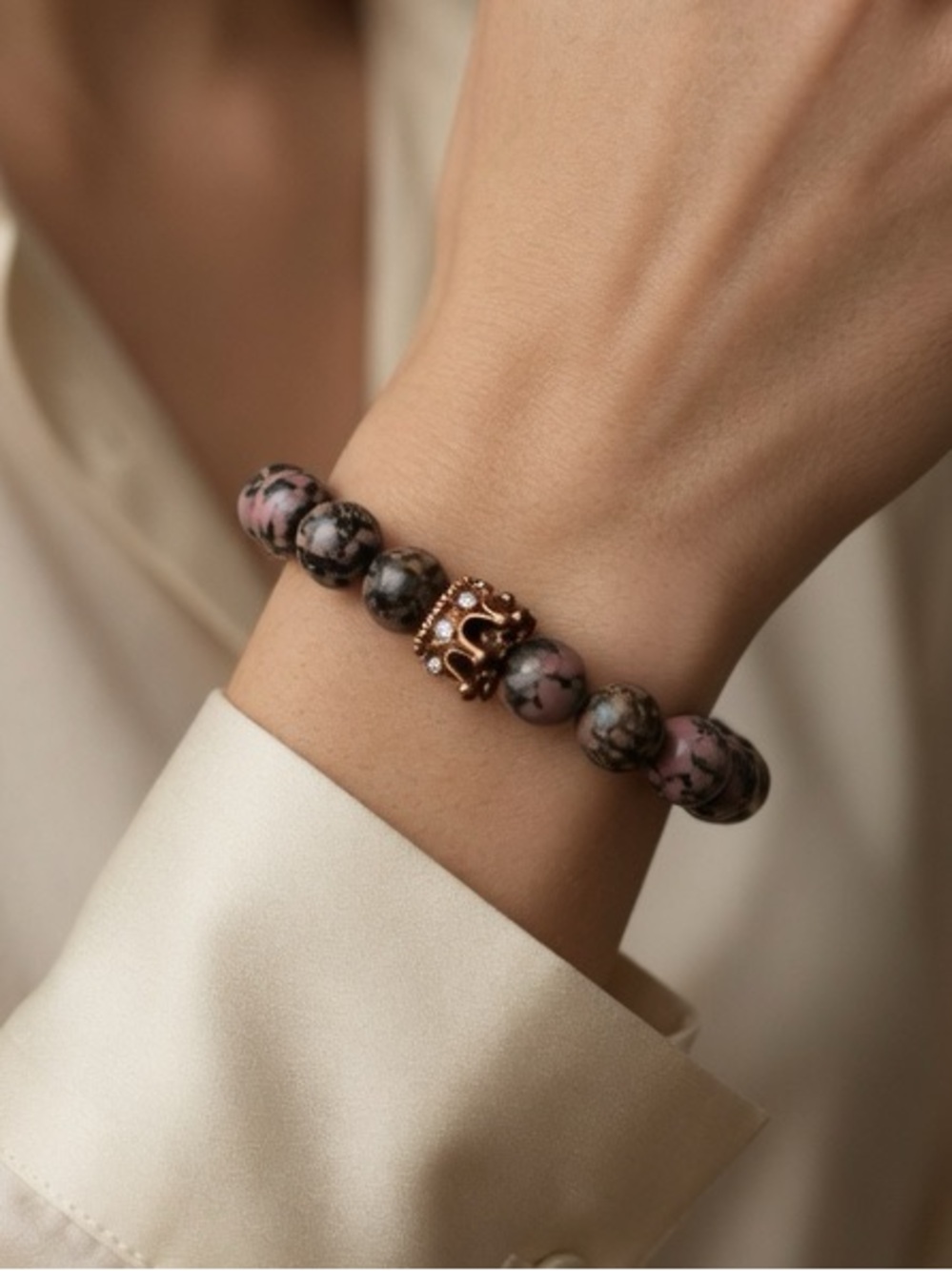 Rhodonite Stretch Bracelet with a Crown Charm Spacer, Size 6.5-7